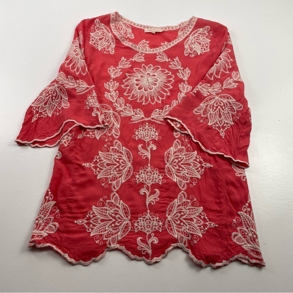 Solitaire Coral‎ Embroidered Blouse Women Size Large - Picture 2 of 9